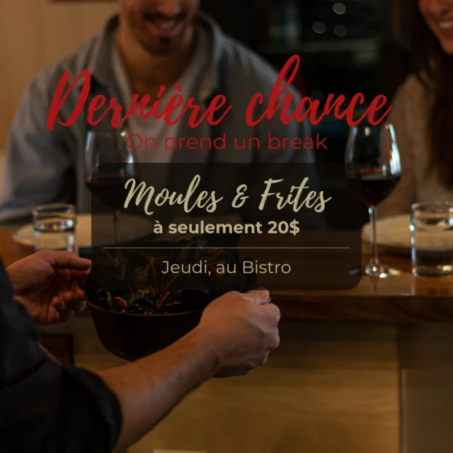 Dernière semaine pour profiter de la promotion
𝐌𝐨𝐮𝐥𝐞𝐬&𝐅𝐫𝐢𝐭𝐞𝐬 𝐚̀ 𝟐𝟎$

Pour une dernière fois ce jeudi, l'assiette de moules&frites vous ait offert à seulement 20$. 3 délicieuses recettes vous seront proposées, toujours accompagnées de nos fameuses frites au parmesan. 

450 348-5550 | https://vu.fr/fINy